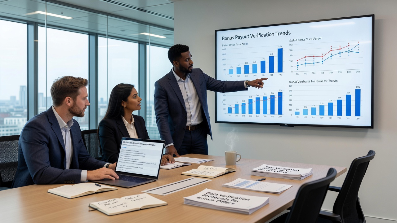Team of analysts reviewing casino bonus terms on multiple screens during a verification session